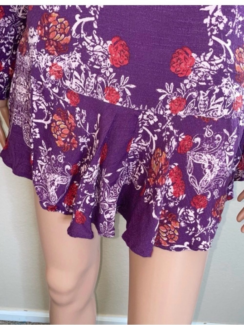 Free People Purple Floral Blouse with Red-Orange Flowers Smooth Talker peplum MD - Picture 8 of 10